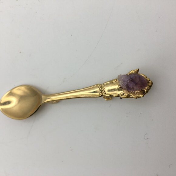 Vintage Small Gold Tone Spoon Pin Brooch Jewelry Amethyst Maple Leaf 2 1/2" - Picture 4 of 11